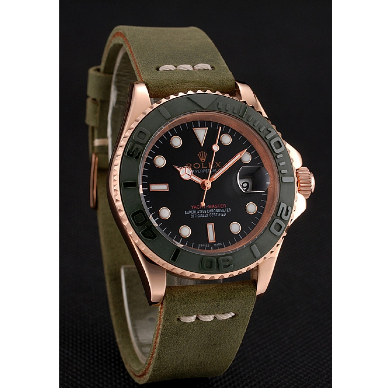 Aaa replica watch Bezel Rose Dial Rolex Black Leather Gold 1453862 Green Bracelet Green Master Case Yacht 0721